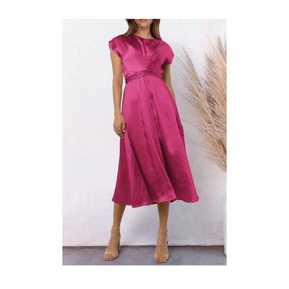 PrettyGarden Women's  Satin Midi Dress Cap Sleeve Tie Waist Elegant A-Line Flowy - Picture 6 of 11